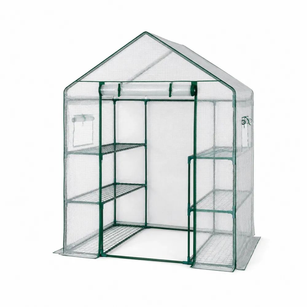 Serre de jardin maisonnette à 6 étagères en acier et polyéthylène transparent et vert, 143 × 143 × 195 cm
