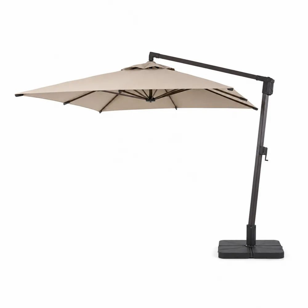 Parasol déporté rectangulaire 4 × 3 m en toile polyester beige avec structure en aluminium anthracite et socle noir