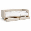 Lit banquette 1 place en velours polyester beige avec 2 tiroirs, couchage 90 x 200 cm, dimensions 212 x 100 x 87 cm