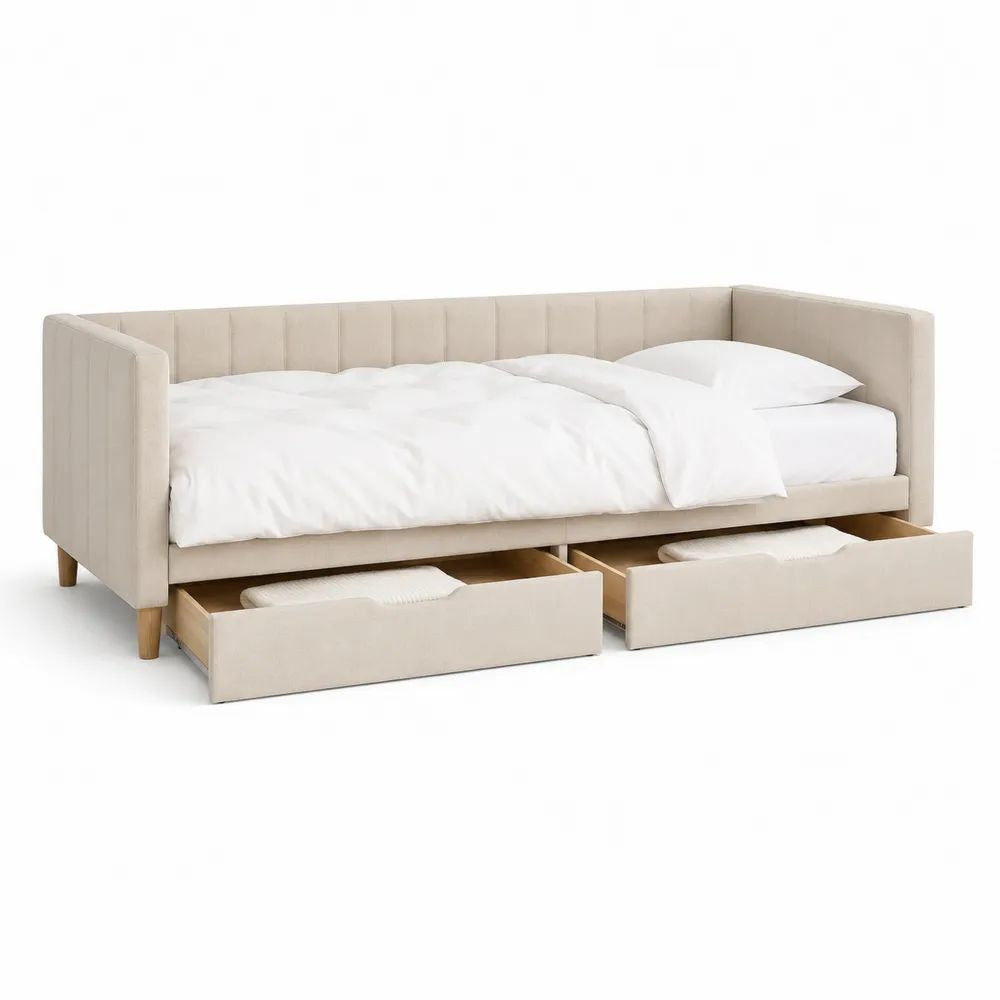 Lit banquette 1 place en velours polyester beige avec 2 tiroirs, couchage 90 x 200 cm, dimensions 212 x 100 x 87 cm