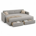 Canapé-lit convertible 3 places en tissu gris clair, 220 × 90 × 85 cm, couchage 140 × 200 cm, 2 tiroirs et 2 coussins beiges