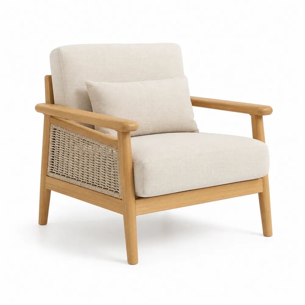 Fauteuil de salon 1 place en hévéa massif et rotin PE avec coussins en polyester beige, 76 x 80 x 79 cm