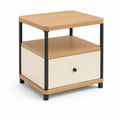 Table d’appoint rectangulaire avec tiroir et étagère en MDF plaqué chêne et acier, chêne naturel, beige et noir, 45 × 40 × 55 cm