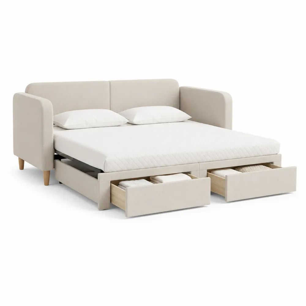 Canapé-lit gigogne 2 places en tissu beige avec 2 tiroirs, couchage 160 × 200 cm, dimensions 216 × 98 × 88 cm