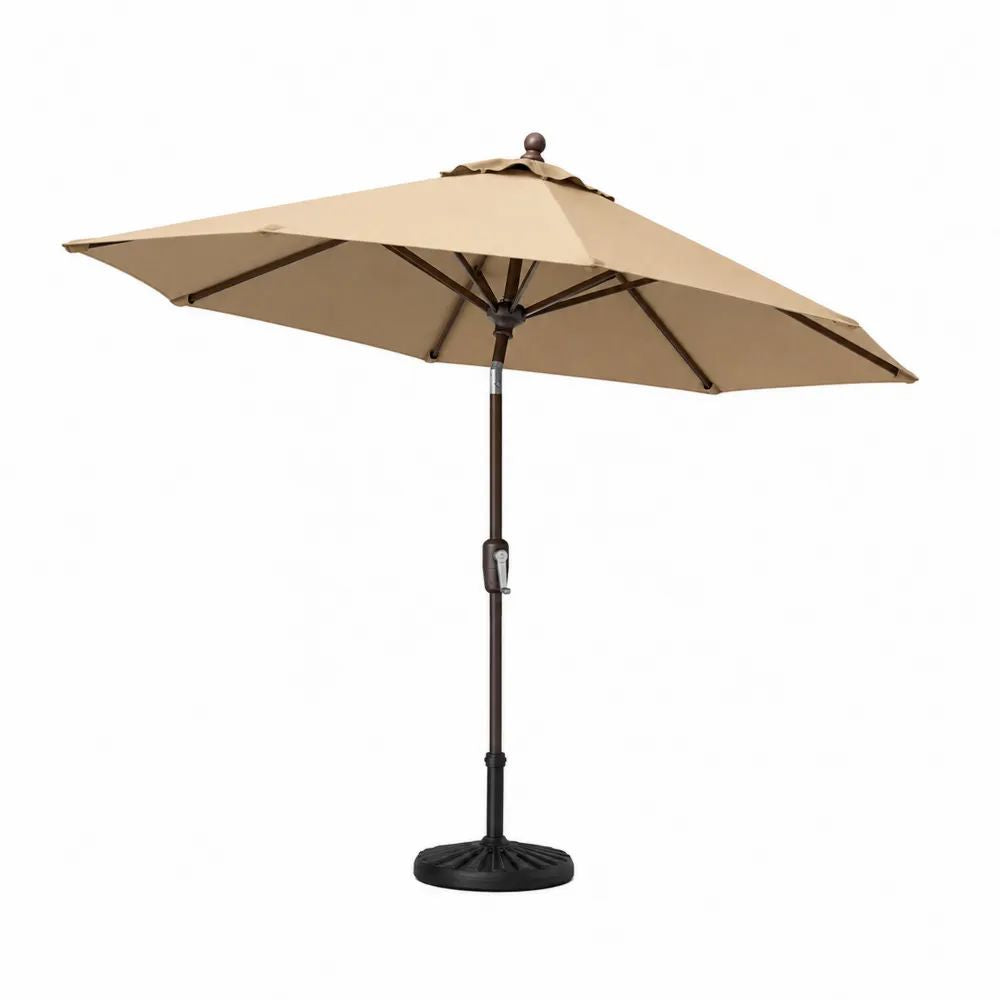 Parasol de jardin carré 300 × 300 cm beige, structure en acier marron foncé, socle noir à lester, hauteur 250 cm