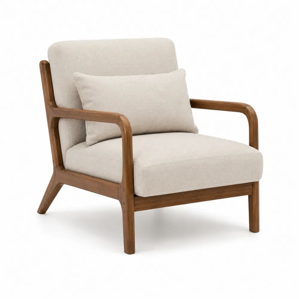 Fauteuil de salon en bois massif et tissu beige avec accoudoirs et coussin lombaire, 75 × 82 × 80 cm