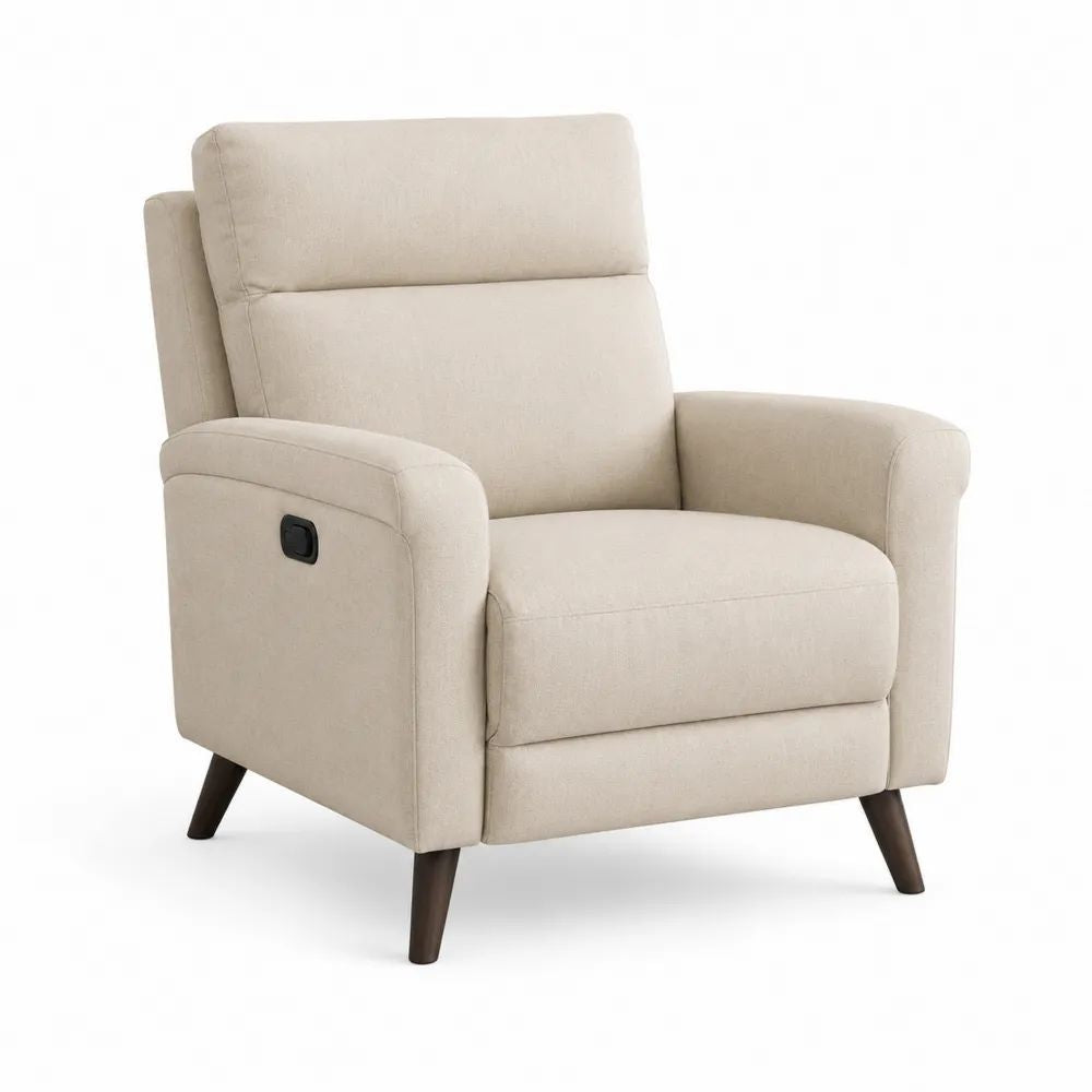 Fauteuil relax manuel en tissu beige avec repose-pieds intégré et pieds en bois, 76 × 90 × 103 cm