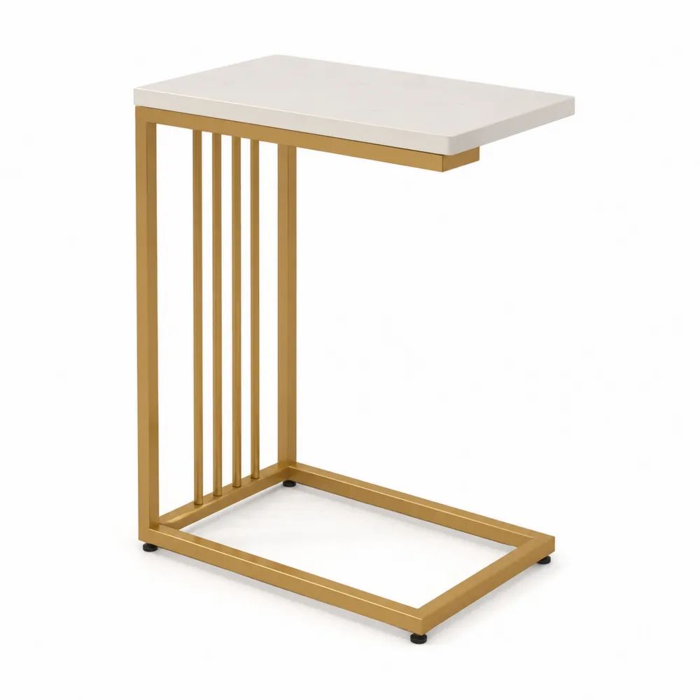 Table d’appoint rectangulaire en C, plateau en bois blanc et structure en acier doré, 45 × 30 × 60 cm