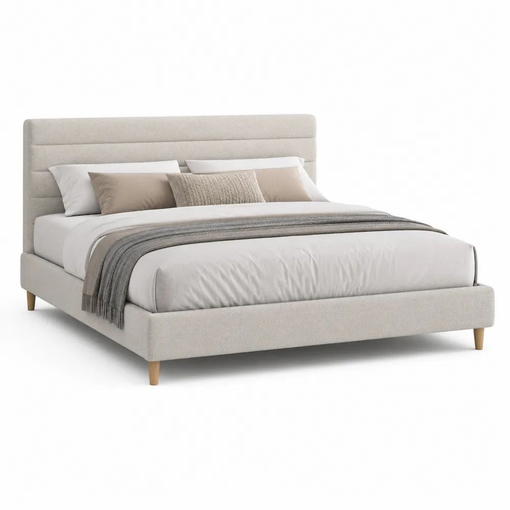 Cadre de lit double rembourré en tissu beige avec tête de lit, couchage 160 × 200 cm, dimensions 170 × 215 × 110 cm
