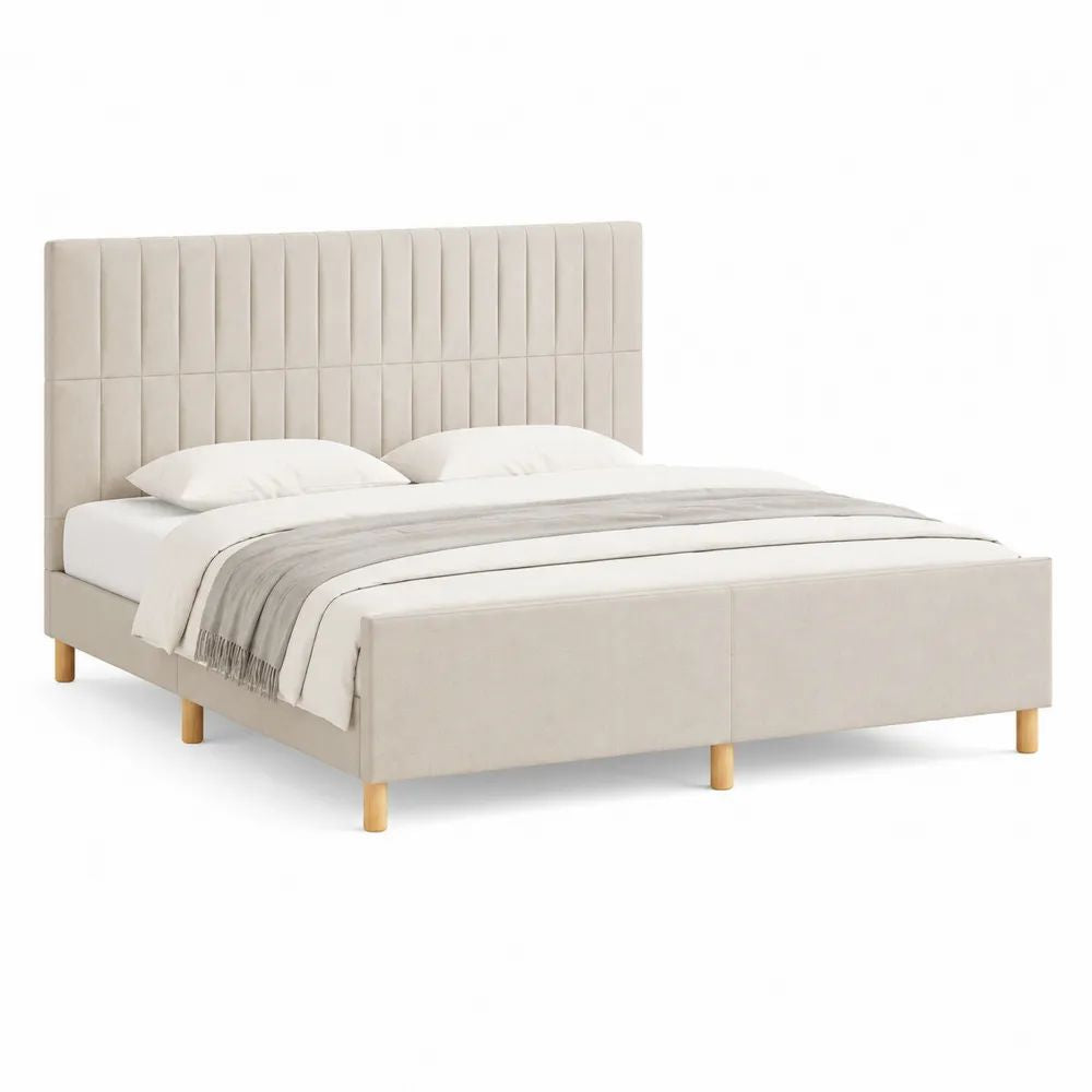 Lit double rembourré en tissu beige 160 x 200 cm avec tête de lit à panneaux verticaux et sommier à lattes