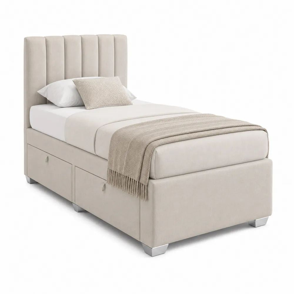 Lit simple rembourré beige 90 x 190 cm, dimensions 208 x 101 x 120 cm, tête de lit capitonnée, sommier à lattes et 2 tiroirs