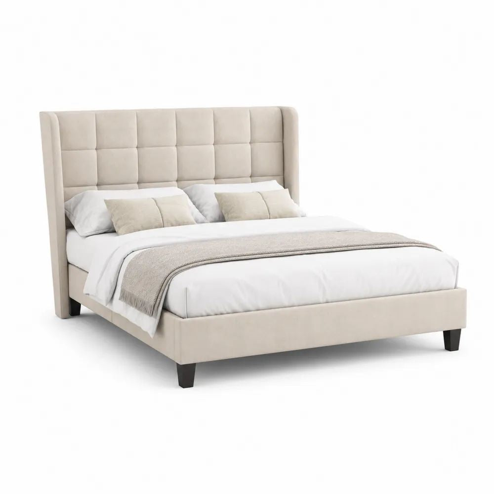 Lit double rembourré 160 × 200 cm en polyester beige avec tête de lit à panneaux