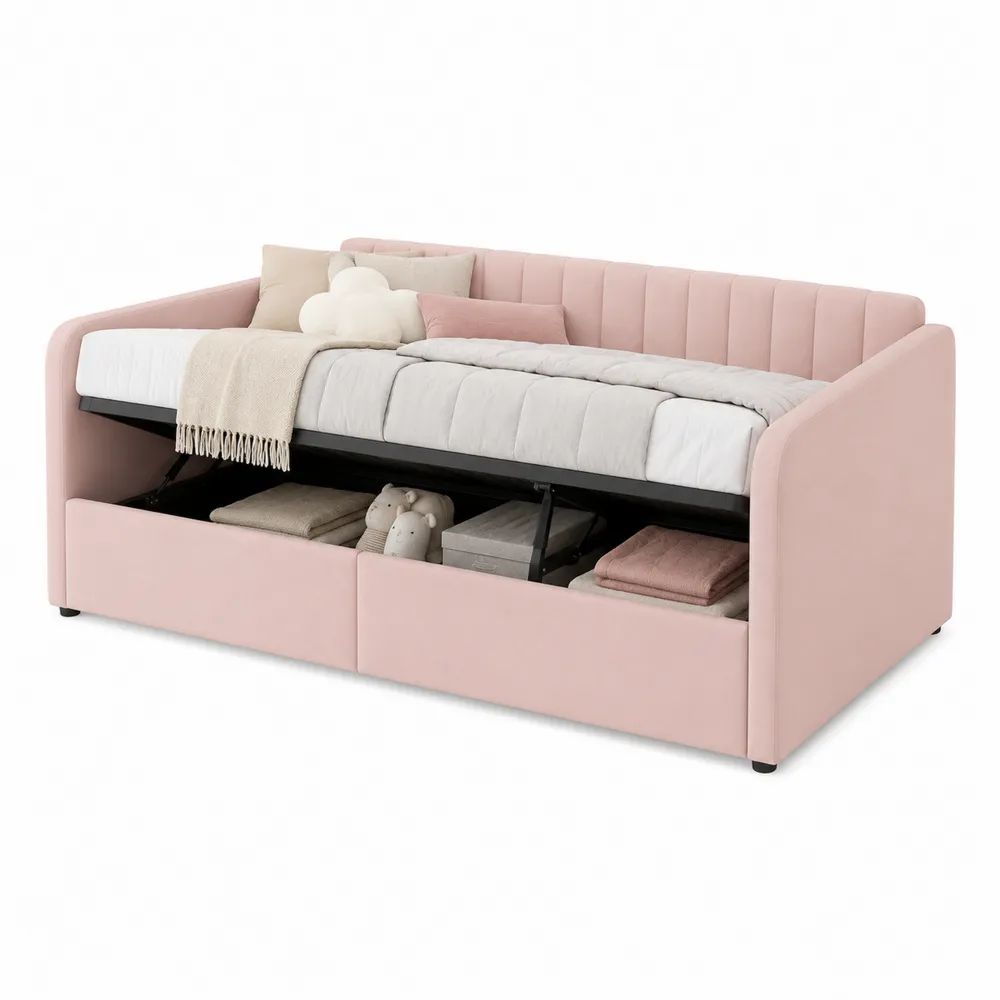 Lit banquette 1 place avec coffre de rangement, velours rose poudré, couchage 90 x 200 cm, dimensions 212 x 101 x 86 cm