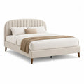 Lit double rembourré 160 x 200 cm en velours polyester beige avec tête de lit arrondie et sommier à lattes, 174 x 216 x 112 cm