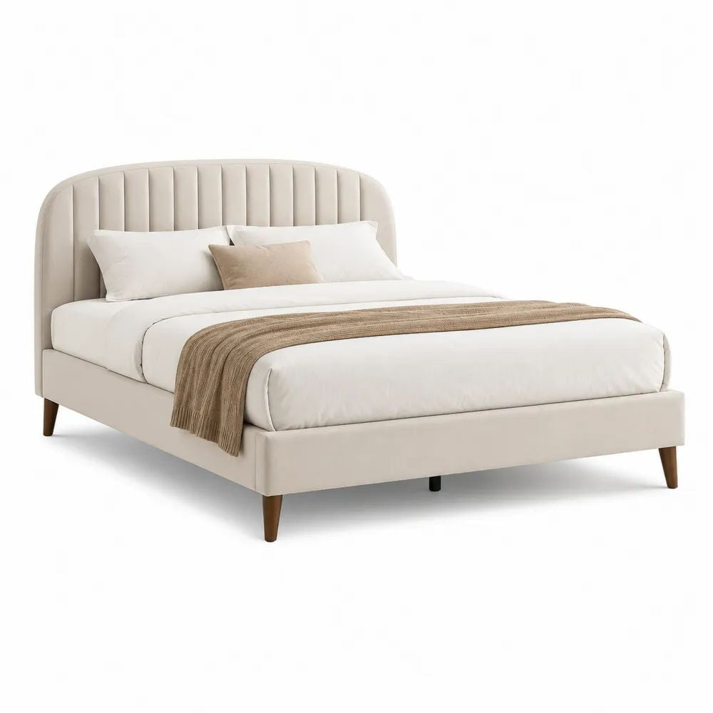 Lit double rembourré 160 x 200 cm en velours polyester beige avec tête de lit arrondie et sommier à lattes, 174 x 216 x 112 cm