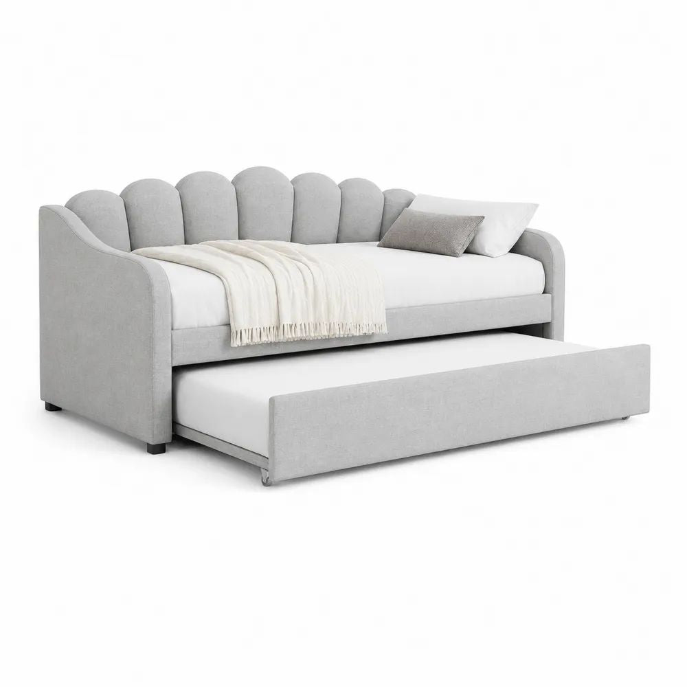 Lit gigogne canapé 2 couchages 90 x 200 cm et 90 x 190 cm en polyester gris clair avec dossier festonné