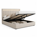 Lit coffre double en tissu beige avec sommier relevable et tête de lit à éclairage DEL, couchage 160 x 200 cm