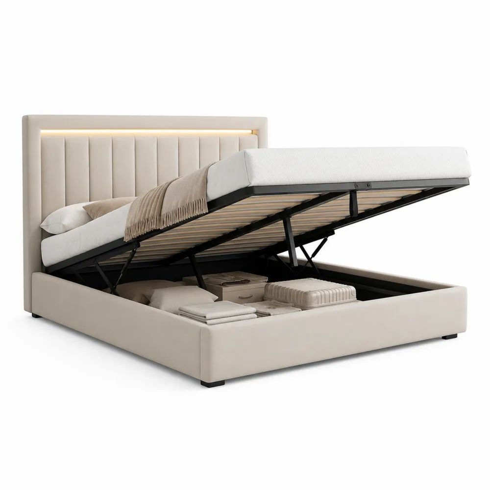 Lit coffre double en tissu beige avec sommier relevable et tête de lit à éclairage DEL, couchage 160 x 200 cm