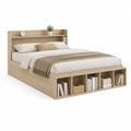 Lit double en bois avec tête de lit et rangements, couchage 160 × 200 cm, chêne clair, 220 × 168 × 120 cm