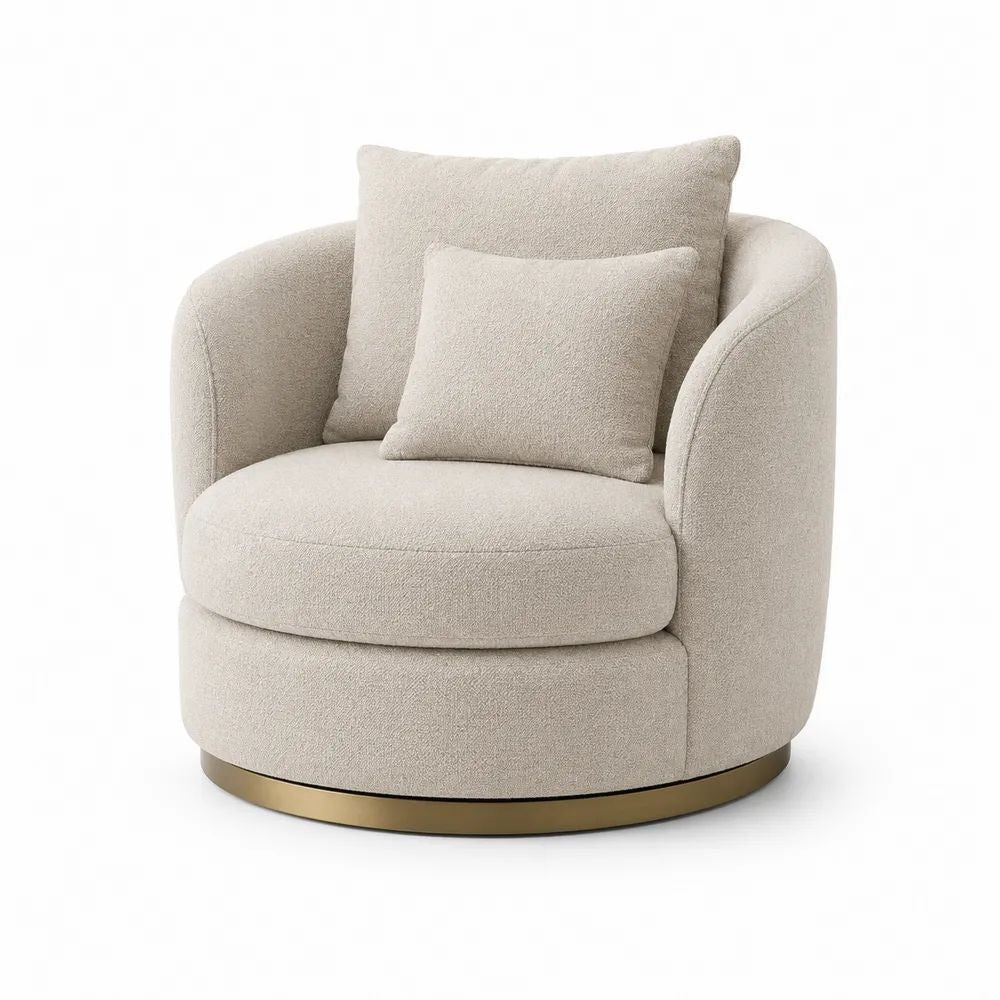 Fauteuil pivotant rond 1 place en tissu bouclé polyester beige avec base en acier doré, 98 × 94 × 82 cm