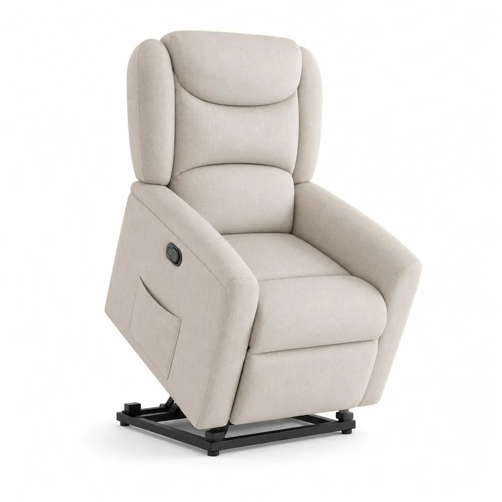 Fauteuil releveur électrique inclinable en polyester beige avec poche latérale, 76 × 90 × 107 cm