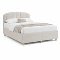 Cadre de lit double rembourré en tissu beige clair 160 x 200 cm, dimensions 214 x 172 x 110 cm, tête de lit arrondie et pieds en bois