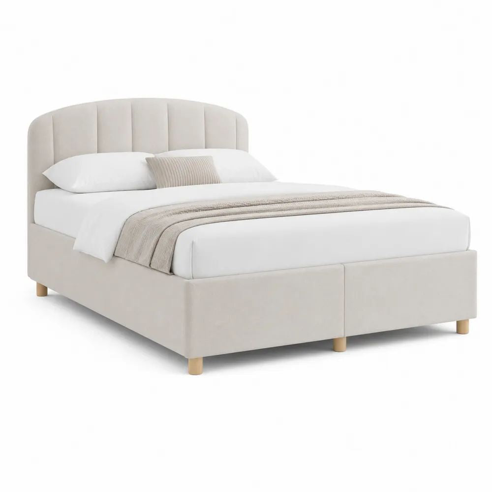 Cadre de lit double rembourré en tissu beige clair 160 x 200 cm, dimensions 214 x 172 x 110 cm, tête de lit arrondie et pieds en bois