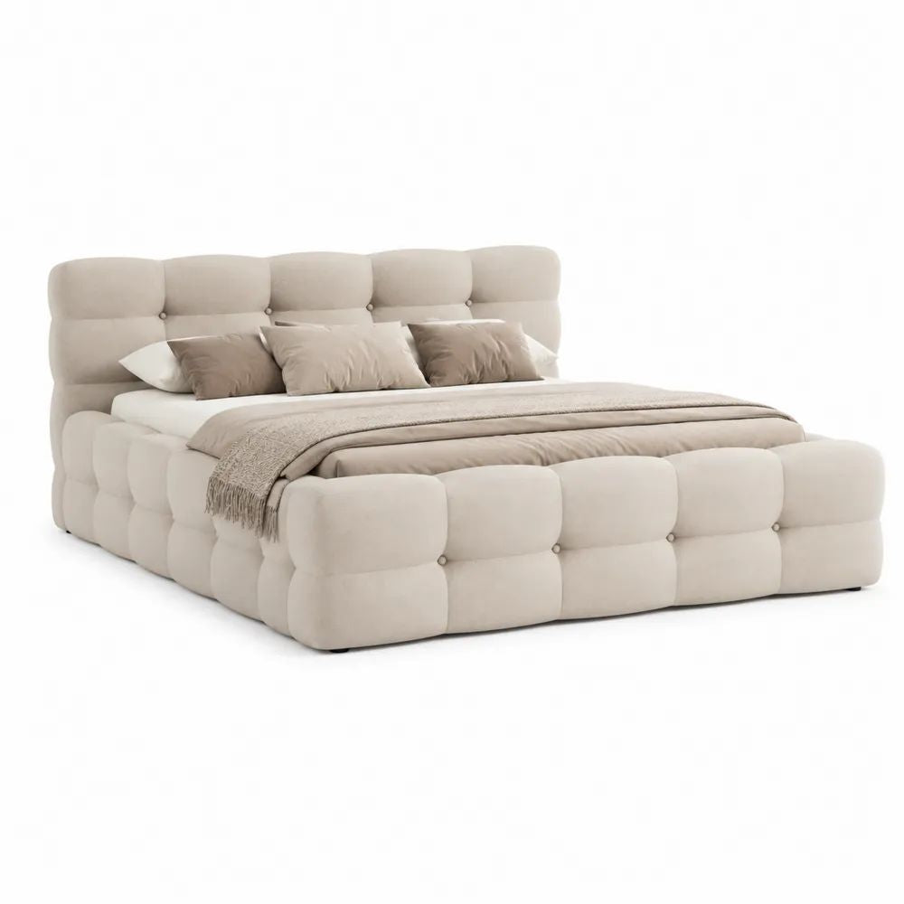 Lit double capitonné en velours polyester beige, couchage 180 × 200 cm, dimensions 230 × 225 × 125 cm