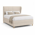 Lit double rembourré beige 160 x 200 cm en tissu avec tête de lit à ailettes et sommier à lattes