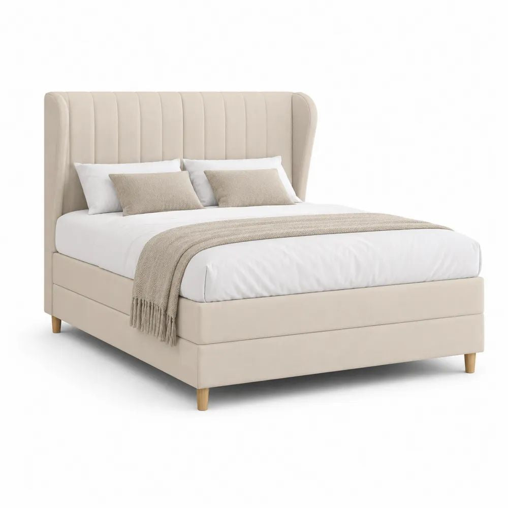Lit double rembourré beige 160 x 200 cm en tissu avec tête de lit à ailettes et sommier à lattes