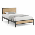 Cadre de lit double 140 × 190 cm en acier noir et panneaux MDF décor chêne clair, dimensions 198 × 145 × 100 cm