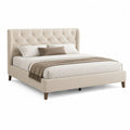 Cadre de lit double 160 x 200 cm en tissu beige avec tête de lit capitonnée, sommier à lattes et pieds brun foncé