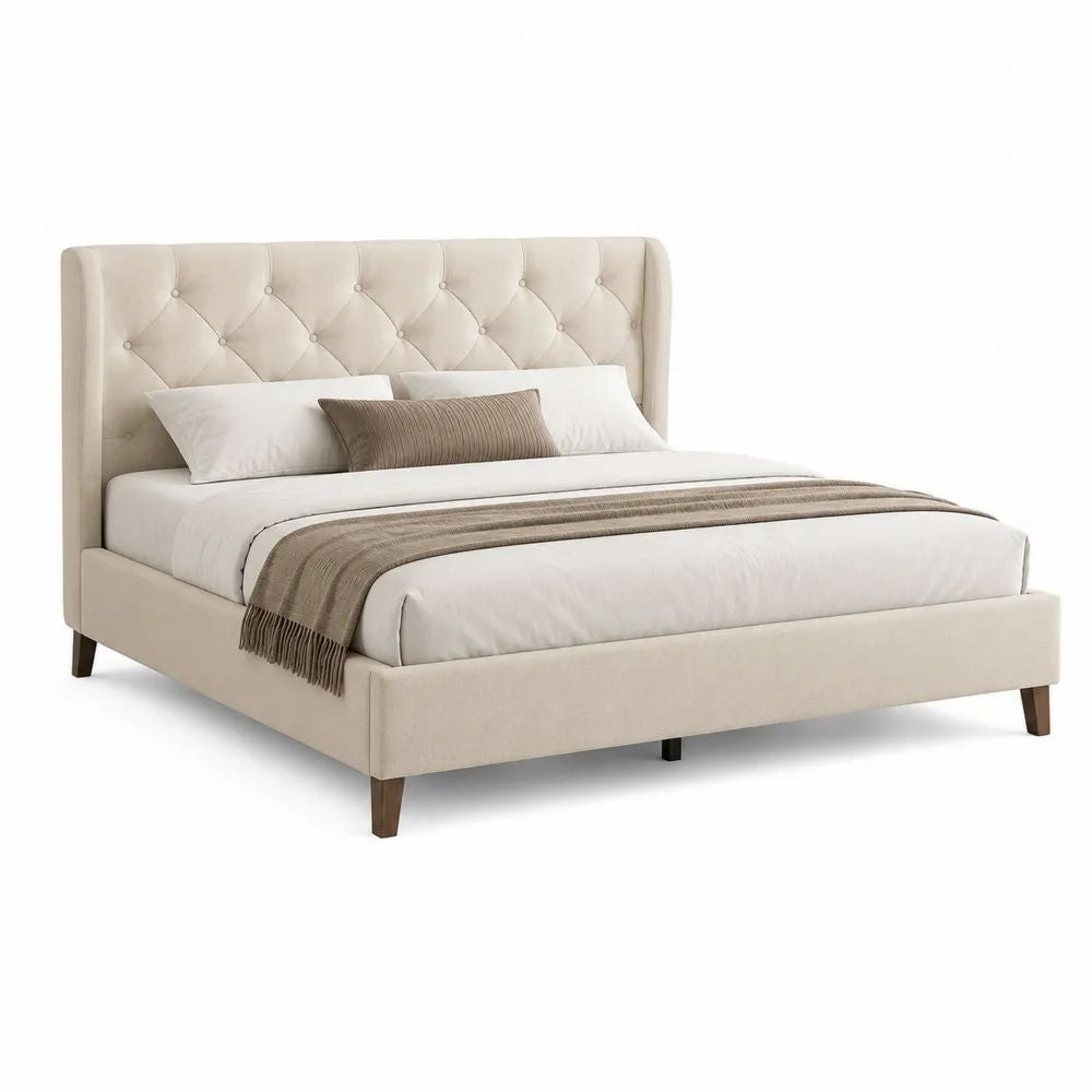 Cadre de lit double 160 x 200 cm en tissu beige avec tête de lit capitonnée, sommier à lattes et pieds brun foncé