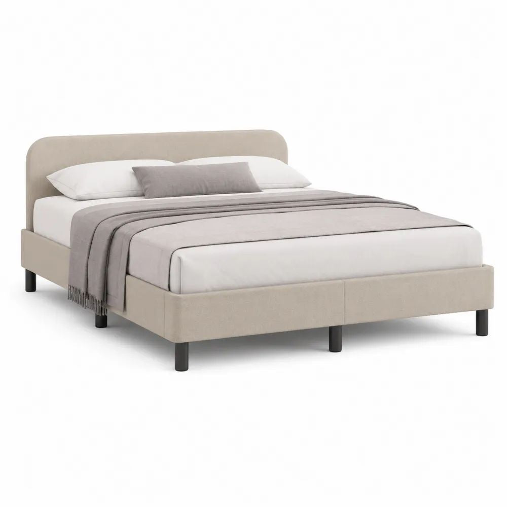 Lit double 160 x 200 cm en tissu beige avec tête de lit rembourrée et sommier à lattes