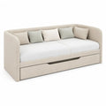 Canapé-lit gigogne 2 places en tissu beige avec 2 couchages 90 × 200 cm et 90 × 190 cm, dimensions 215 × 100 × 85 cm