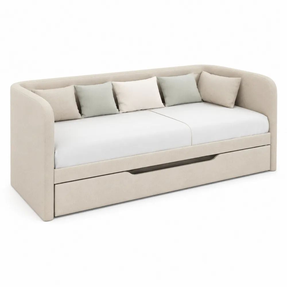 Canapé-lit gigogne 2 places en tissu beige avec 2 couchages 90 × 200 cm et 90 × 190 cm, dimensions 215 × 100 × 85 cm