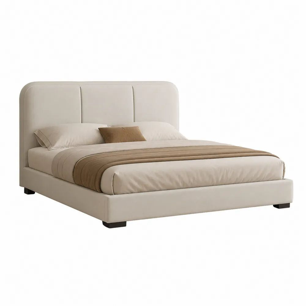 Cadre de lit double rembourré en tissu beige avec pieds noirs, tête de lit arrondie, couchage 160 × 200 cm