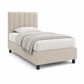 Lit simple rembourré en tissu beige avec sommier à lattes, couchage 90 × 190 cm