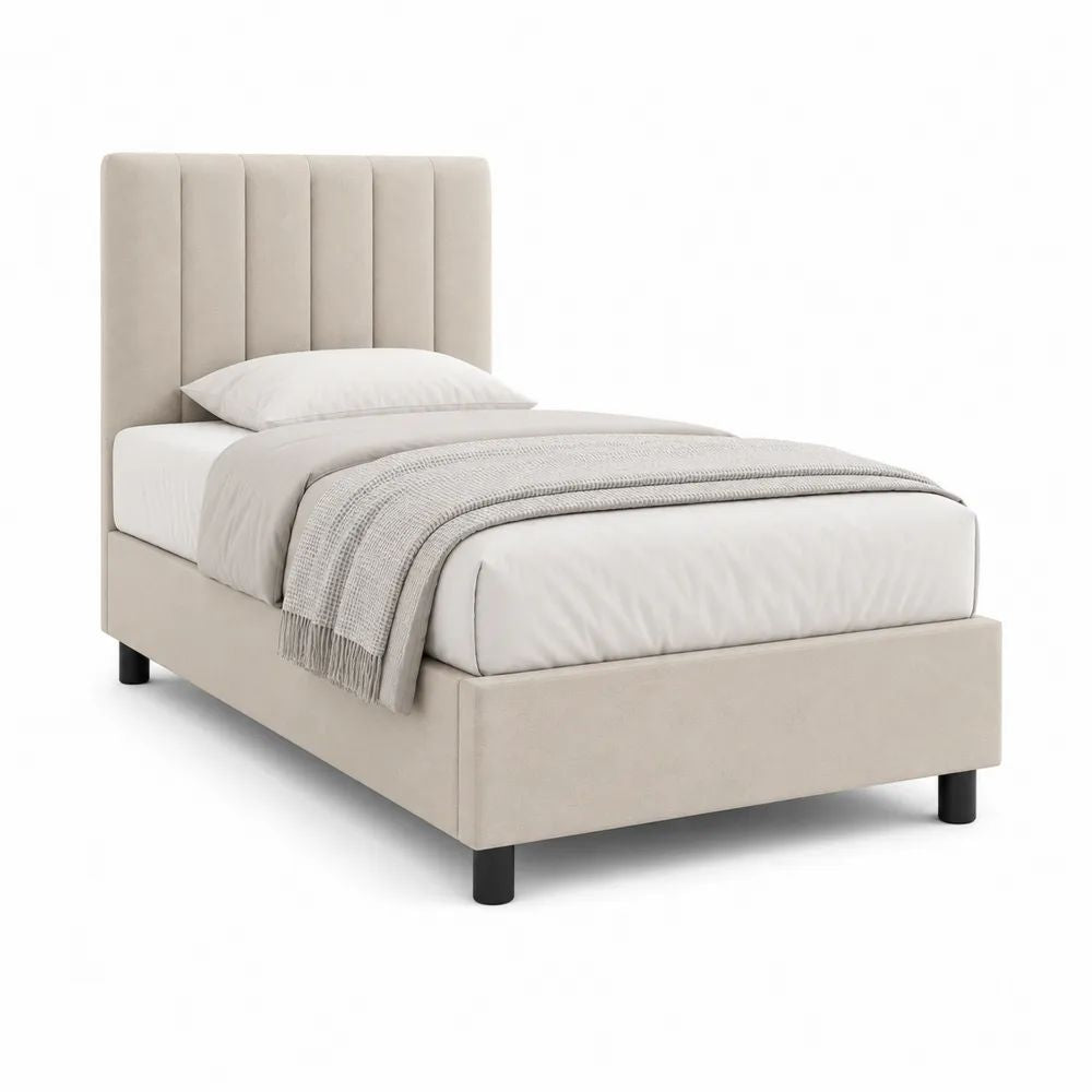 Lit simple rembourré en tissu beige avec sommier à lattes, couchage 90 × 190 cm