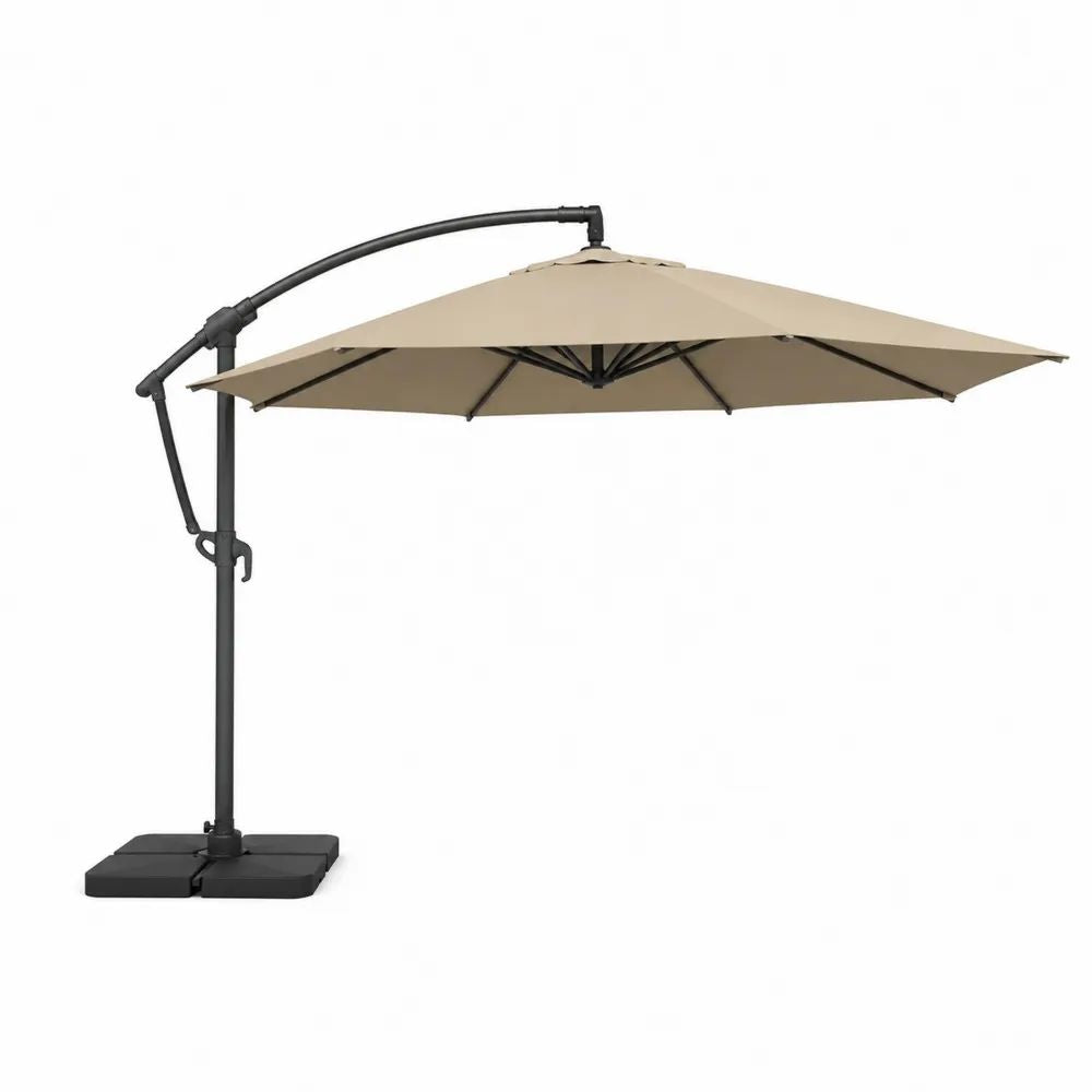 Parasol déporté rectangulaire 4 × 3 m en polyester beige avec structure en aluminium anthracite et base noire