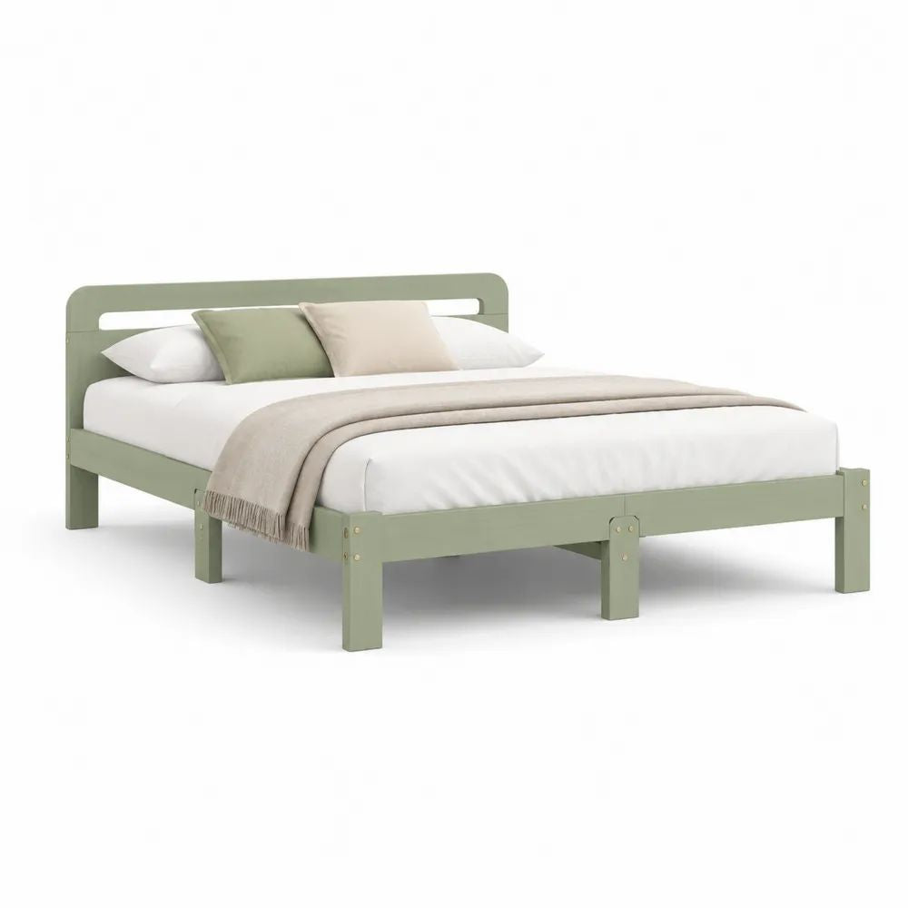 Cadre de lit double 160 × 200 cm en pin massif vert sauge avec tête de lit et sommier à lattes