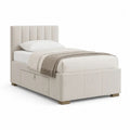 Lit simple beige 90 x 190 cm avec cadre rembourré en tissu et tiroir de rangement