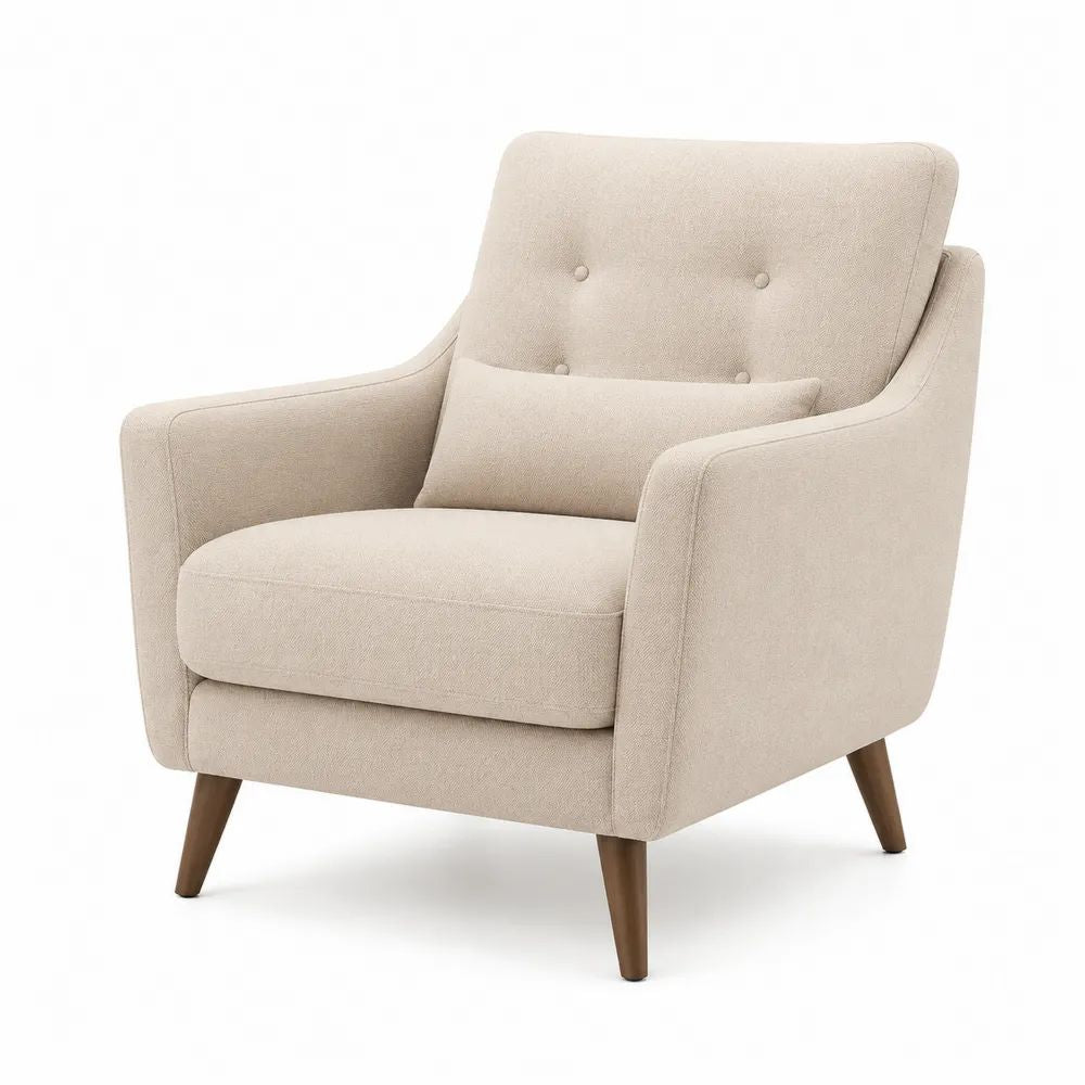 Fauteuil de salon 1 place en tissu beige avec dossier capitonné, coussin lombaire et pieds en bois marron, 78 x 82 x 88 cm