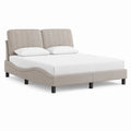 Lit double rembourré en tissu beige avec sommier à lattes, cadre incurvé et pieds noirs, couchage 160 × 200 cm, dimensions 173 × 218 × 110 cm