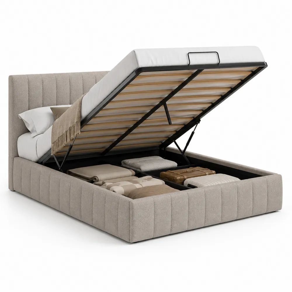 Lit coffre double 160 x 200 cm en tissu bouclé beige, 218 x 176 x 110 cm, sommier relevable à lattes et tête de lit