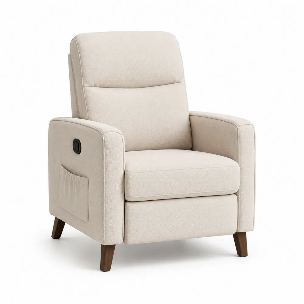 Fauteuil relax manuel en tissu beige avec repose-pieds escamotable et poche latérale, 75 × 90 × 105 cm