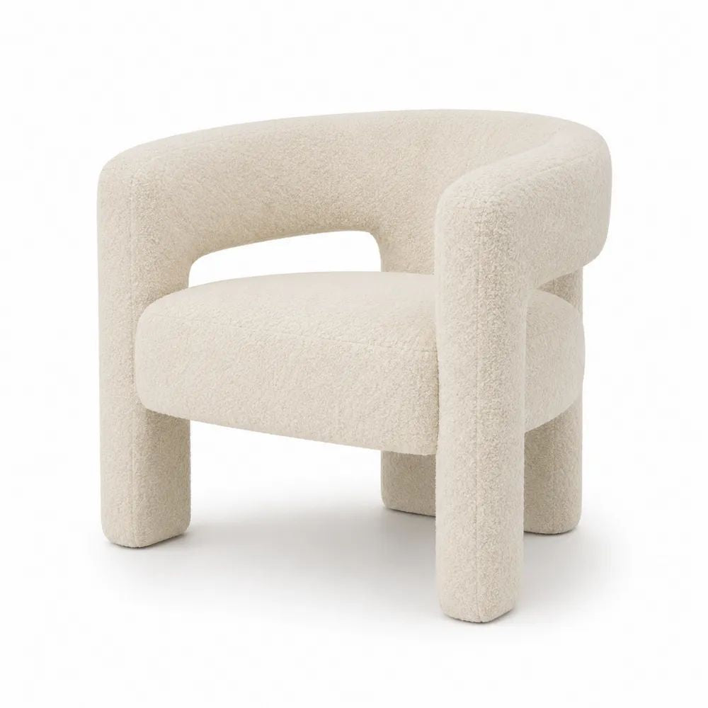 Fauteuil de salon en tissu bouclé blanc cassé, forme arrondie, 77 × 73 × 72 cm