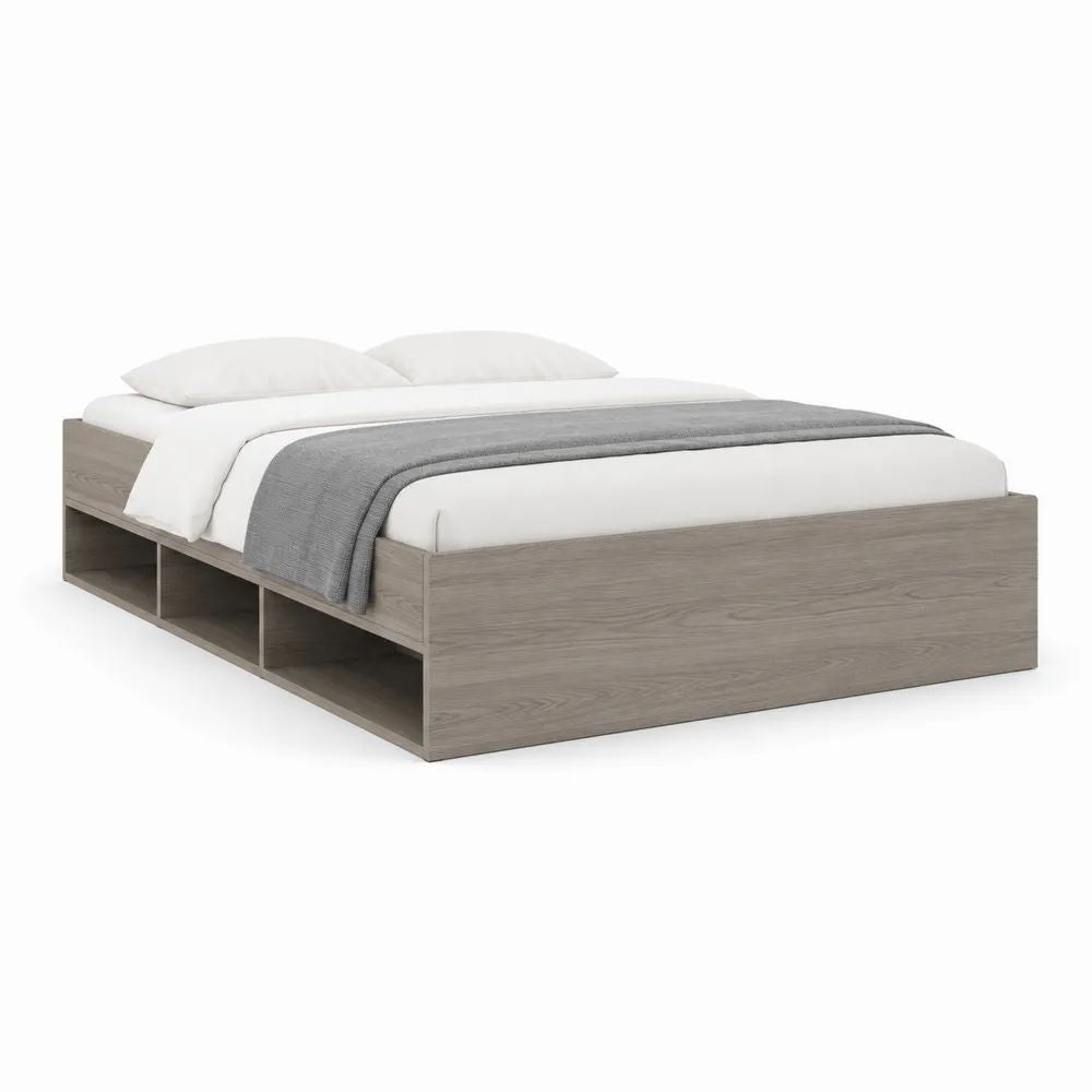 Lit double plateforme rectangulaire en bois avec 3 compartiments de rangement, gris chêne, couchage 160 × 200 cm