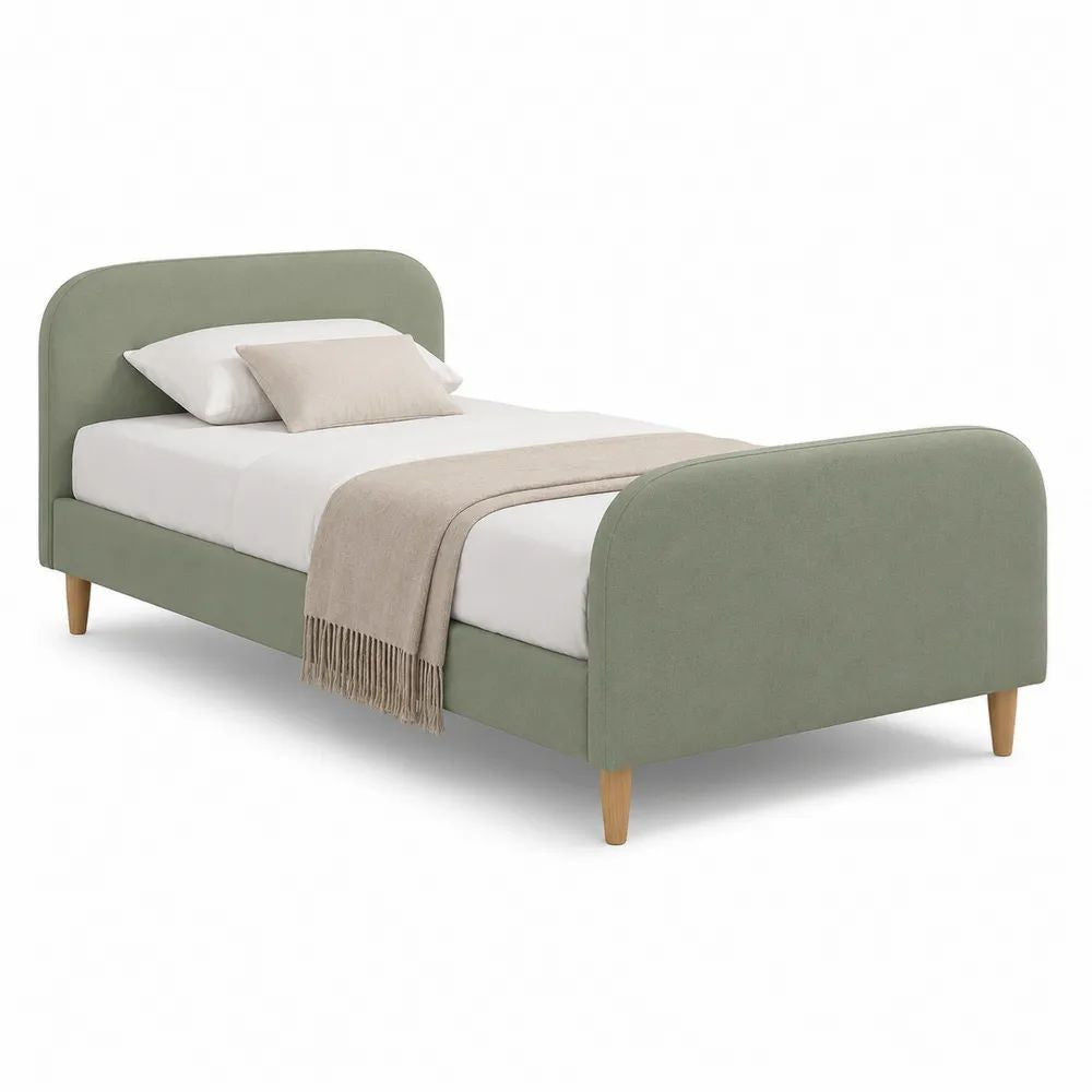 Lit double rembourré en tissu vert sauge avec tête et pied arrondis, sommier à lattes, couchage 140 × 190 cm
