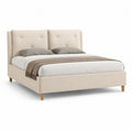 Lit double rembourré en polyester beige et bois naturel, couchage 160 × 200 cm, tête de lit capitonnée, 170 × 215 × 115 cm
